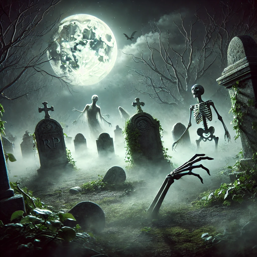 DALL·E 2024-09-21 10.02.41 - A creepy graveyard scene set on a foggy Halloween night. Old, tilted tombstones are scattered around, with creeping ivy and moss. A full moon casts a